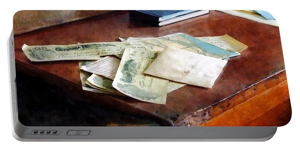 Check Portable Battery Charger featuring the photograph Bank Checks Dated 1923 by Susan Savad