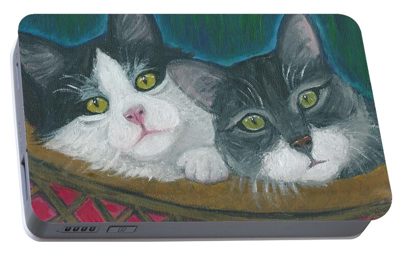 Cat Portable Battery Charger featuring the painting Basket of Kitties by Ania M Milo
