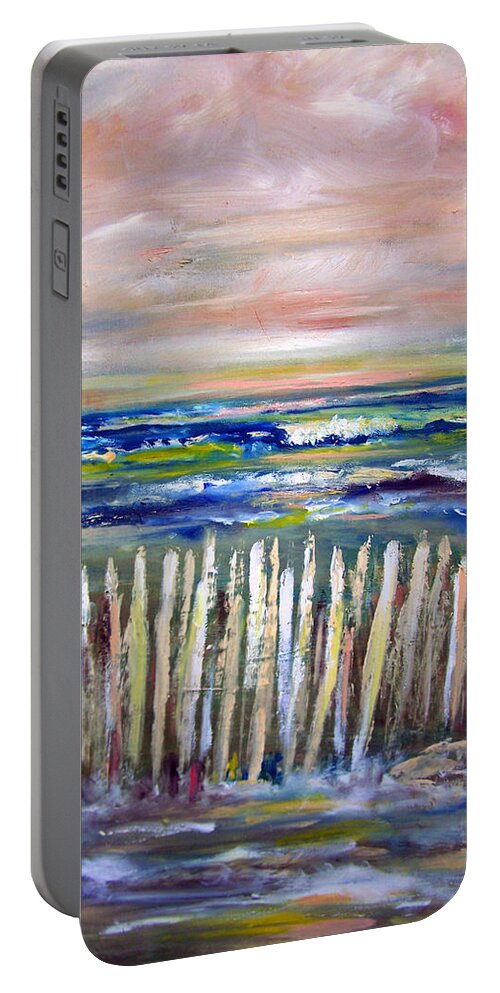 Seasccape Portable Battery Charger featuring the painting Beach Fence at Twilight by Patricia Clark Taylor
