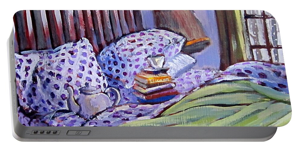 Bed Portable Battery Charger featuring the painting Bed And Books by Tilly Strauss