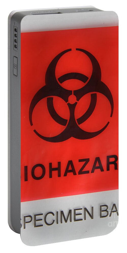 Bag Portable Battery Charger featuring the photograph Biohazard Warning On Specimen Bag by Photo Researchers, Inc.