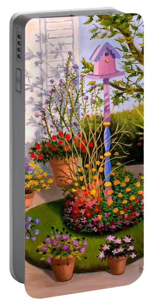 Birdhouse Portable Battery Charger featuring the painting Bird House In My Backyard by Madeline Lovallo