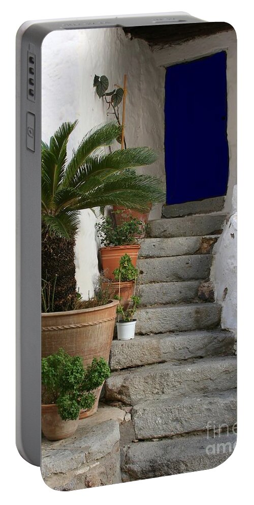 Door Portable Battery Charger featuring the photograph Blue Door in Greece by Sabrina L Ryan