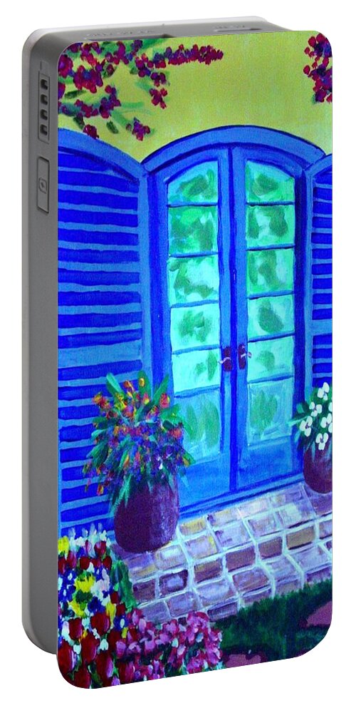 Blue Portable Battery Charger featuring the painting Blue Shutters by Laurie Morgan
