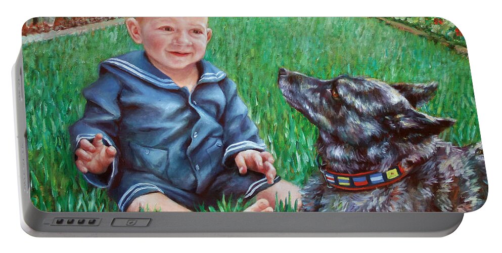  Portable Battery Charger featuring the painting Bobby and Cinder by Nancy Tilles