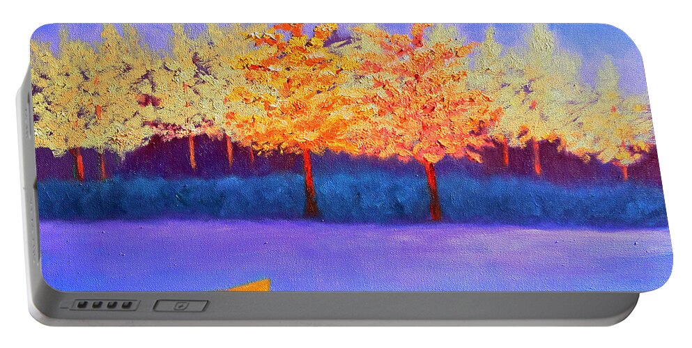 Landscape Portable Battery Charger featuring the painting Brians Lake by Karin Eisermann