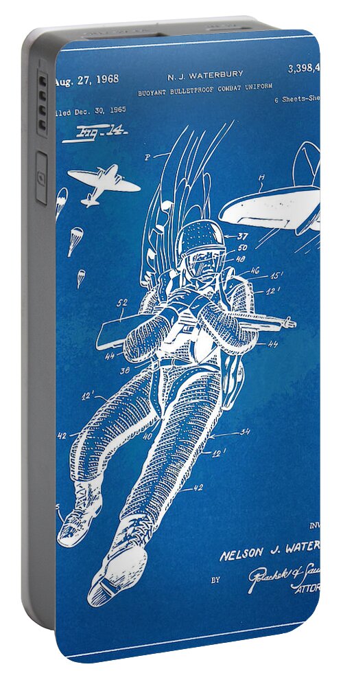 Bulletproof Portable Battery Charger featuring the digital art Bulletproof Patent Artwork 1968 Figure 14 by Nikki Marie Smith
