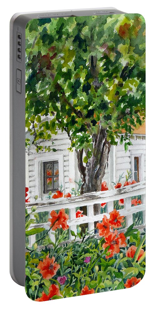 Cabin Painting Portable Battery Charger featuring the painting Cabin at Long's Gardens by Anne Gifford
