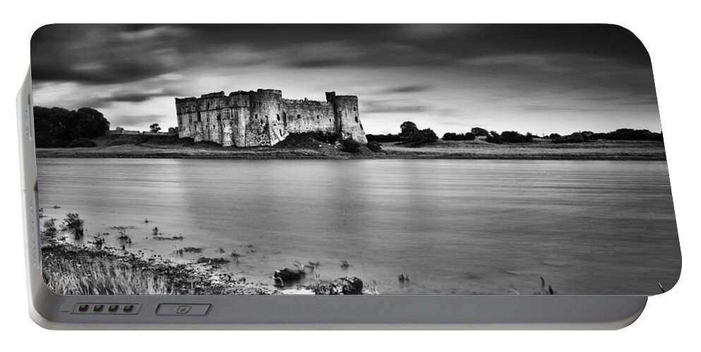 Carew Castle Portable Battery Charger featuring the photograph Carew Castle Pembrokeshire Long Exposure Mono by Steve Purnell