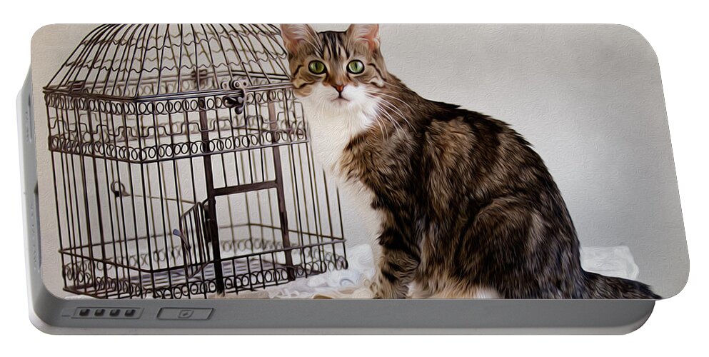 Cat Portable Battery Charger featuring the photograph Cat and Bird by Nailia Schwarz