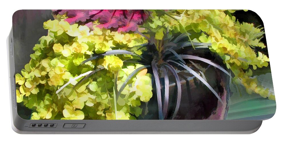 Flower Flowers Chartreuse Planter Coleus Dracena Garden Flora Floral Nature Natural Bloom Blooms Blossoms Blossom Bouquet Arrangement Lime+green Portable Battery Charger featuring the painting Chartreuse and Purple Plants by Elaine Plesser