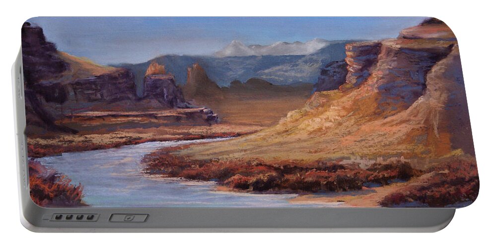 Colorado River Portable Battery Charger featuring the pastel Colorado River Cliffs by Heather Coen