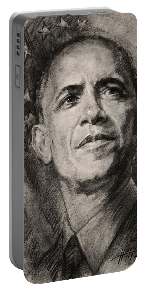 Barack Obama Portable Battery Charger featuring the drawing Commander-in-Chief by Ylli Haruni