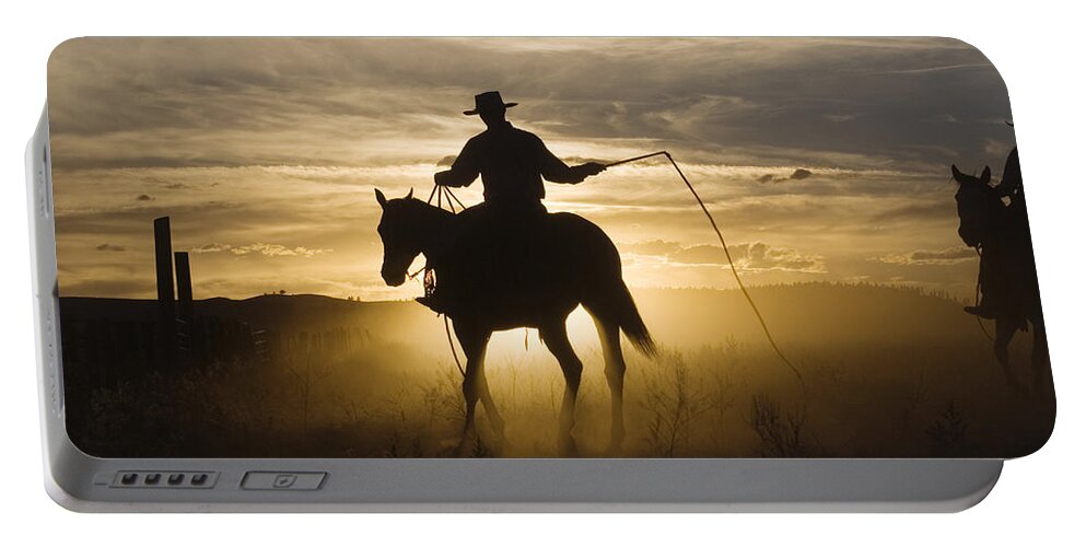 Mp Portable Battery Charger featuring the photograph Cowboy On Domestic Horse Equus Caballus by Konrad Wothe