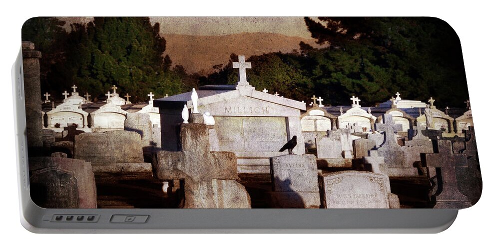 Cemetery Portable Battery Charger featuring the photograph Crow Among the Stones by Laura Iverson