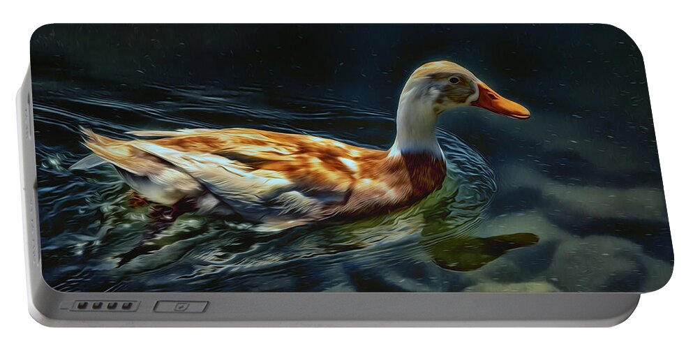 Indian Runner Duck Portable Battery Charger featuring the photograph Dabbling in Blue Waters by Bill and Linda Tiepelman