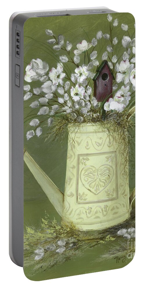 Watering Can Portable Battery Charger featuring the painting Dogwood Cuttings by Nancy Patterson