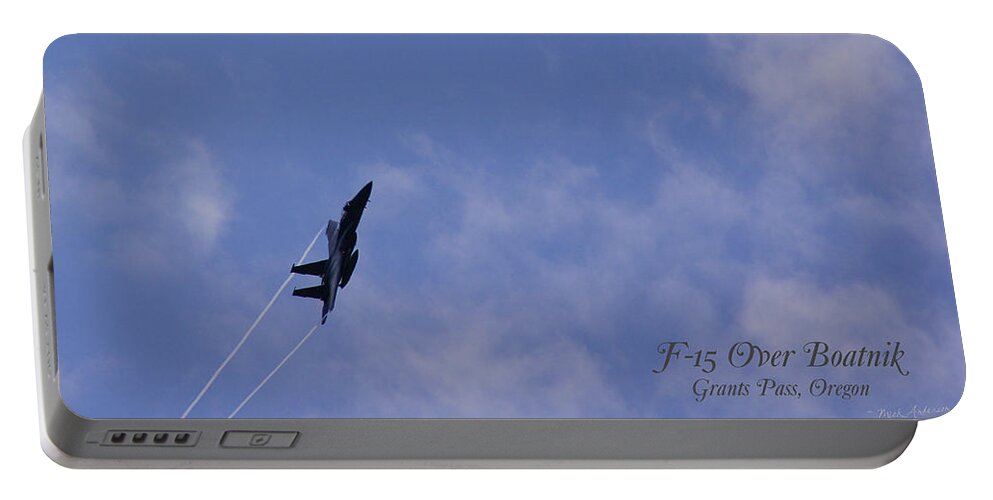 F-15 Portable Battery Charger featuring the photograph F-15 Flyover at Grants Pass TEXT version by Mick Anderson