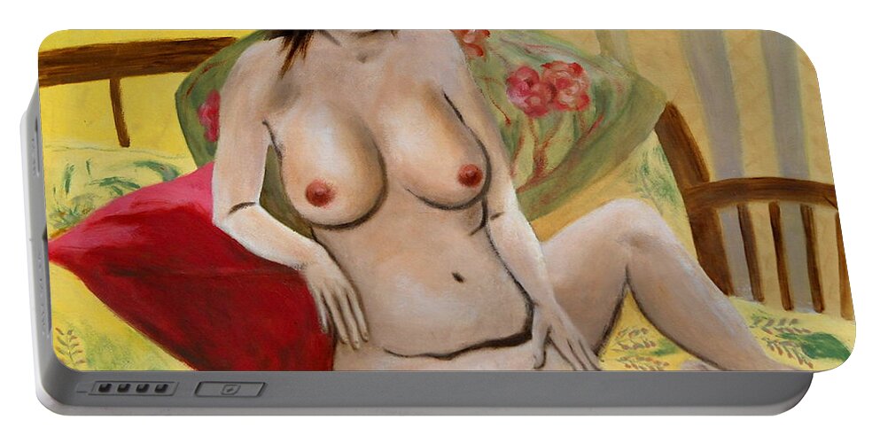Original Oil Portable Battery Charger featuring the painting Fine Art Female Nude Seated 2010 by G Linsenmayer