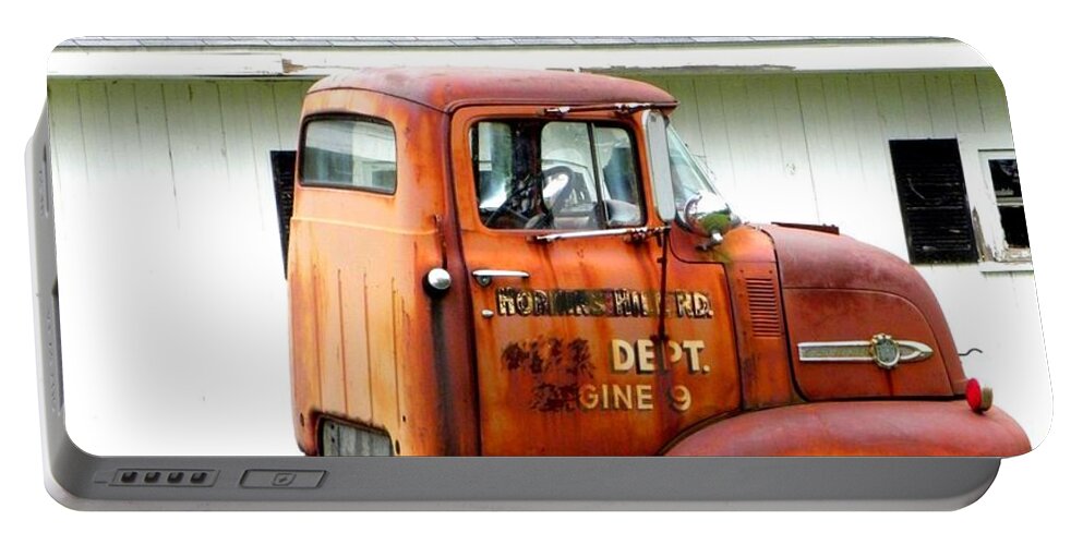 Antique Photography Portable Battery Charger featuring the photograph Firetruck from times past by Kim Galluzzo