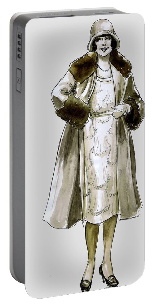 Nostalgia Portable Battery Charger featuring the drawing Flapper Fur Coat by Mel Thompson
