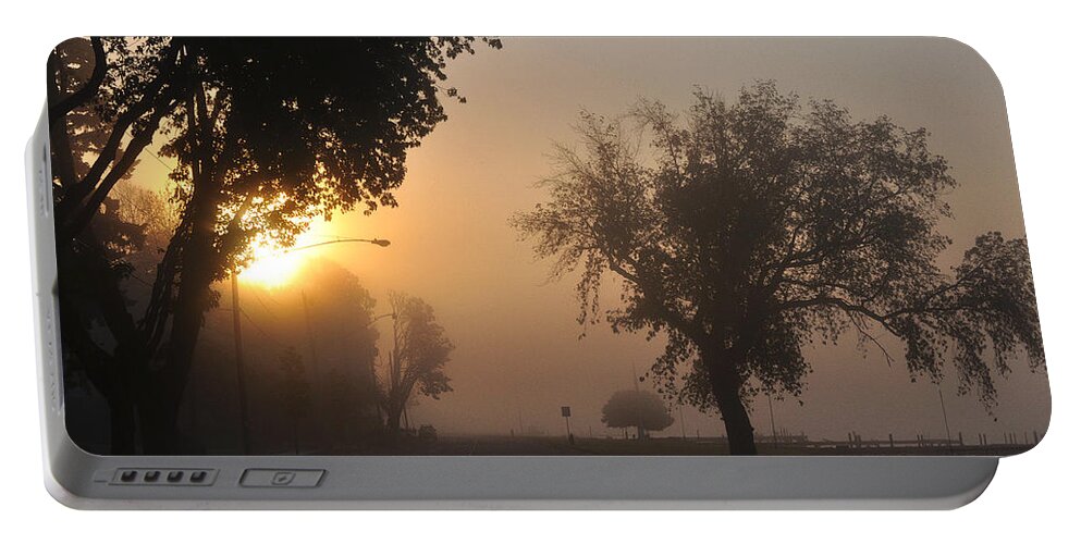 Fog Portable Battery Charger featuring the photograph Foggy Morn Street by Tim Nyberg