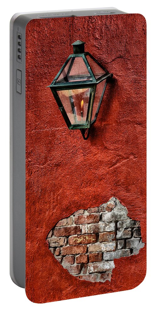 Gaslight On A Red Wall Portable Battery Charger featuring the photograph Gaslight on a Red Wall by Bill Cannon
