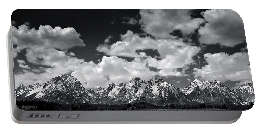 Grand Tetons Portable Battery Charger featuring the photograph Grand Tetons Panorama in Monochrome by Ellen Heaverlo