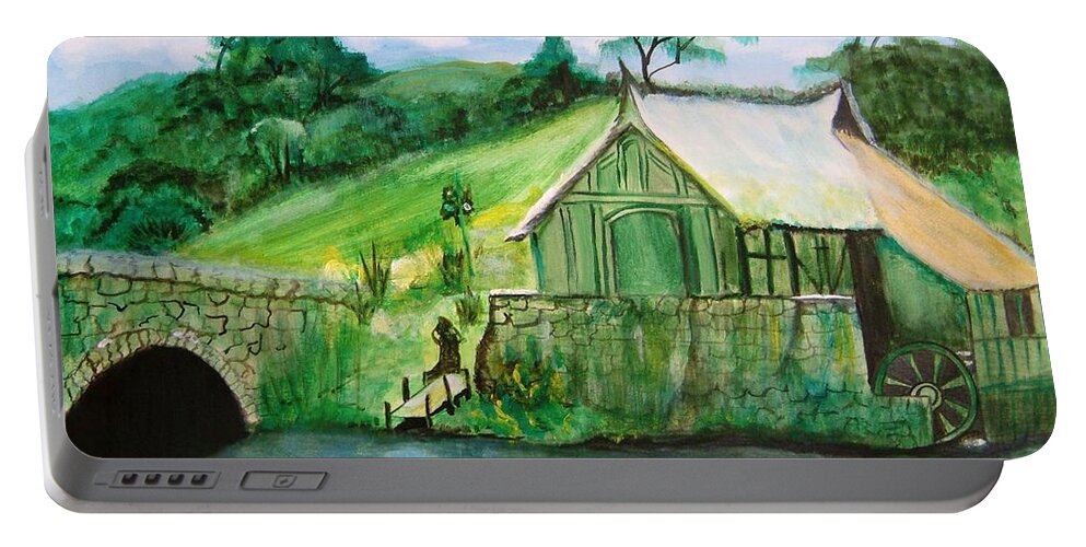 Green Portable Battery Charger featuring the painting Green Cottage by Manjiri Kanvinde