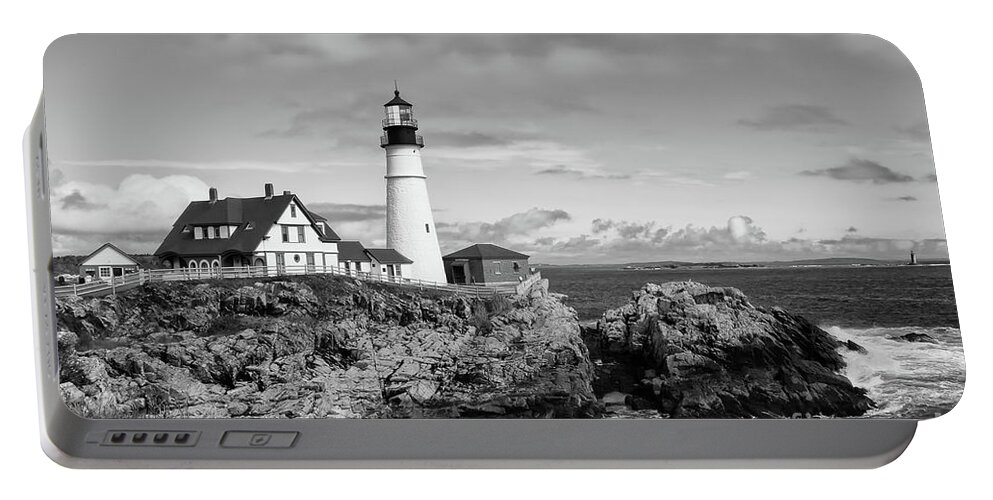 Lighthouse Portable Battery Charger featuring the photograph Guarding Ship Safety bw by Sue Karski