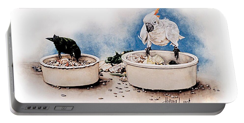 Mynah Bird Portable Battery Charger featuring the painting Having Lunch by Patrice Clarkson