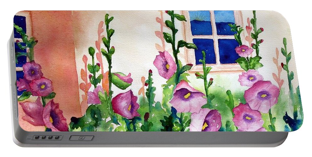 Flowers Portable Battery Charger featuring the painting Hollyhocks by Lyn DeLano