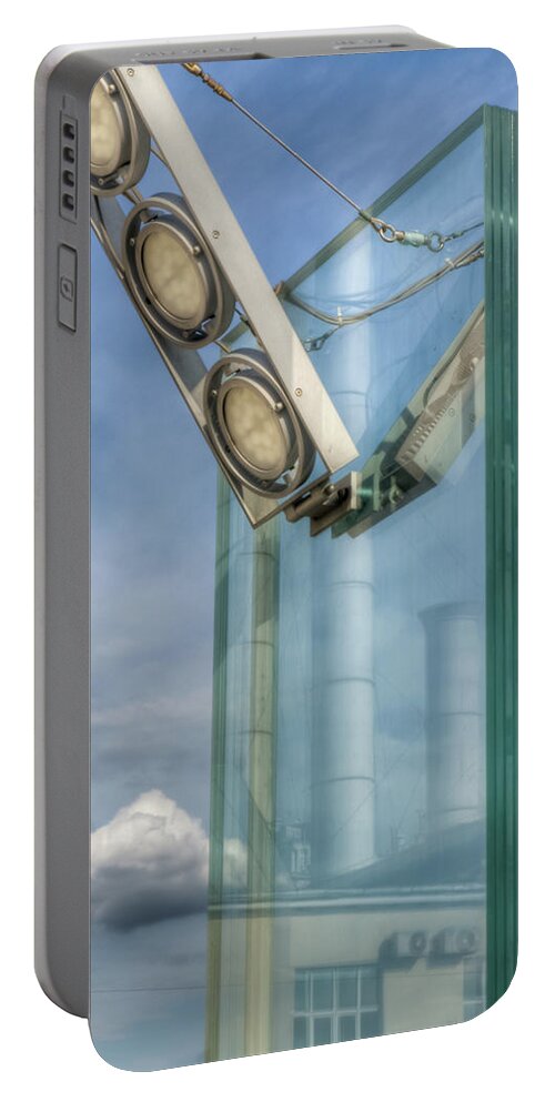 Hdr Portable Battery Charger featuring the photograph Industrial reflection in a street lamp by Michael Goyberg