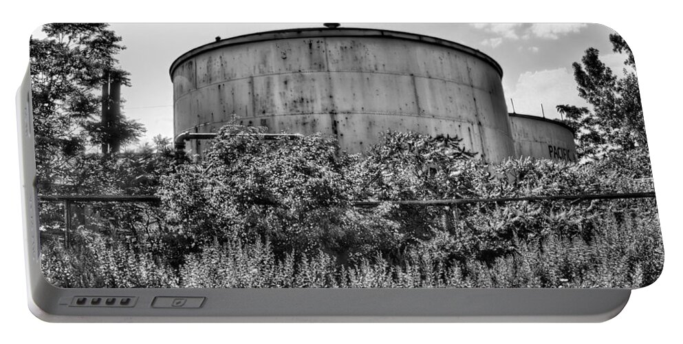 Railroad Portable Battery Charger featuring the photograph Industrial Tank in Black and White by Tammy Wetzel