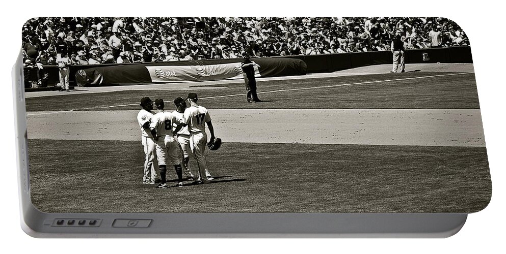 Baseball Portable Battery Charger featuring the photograph Infield Meeting by Eric Tressler