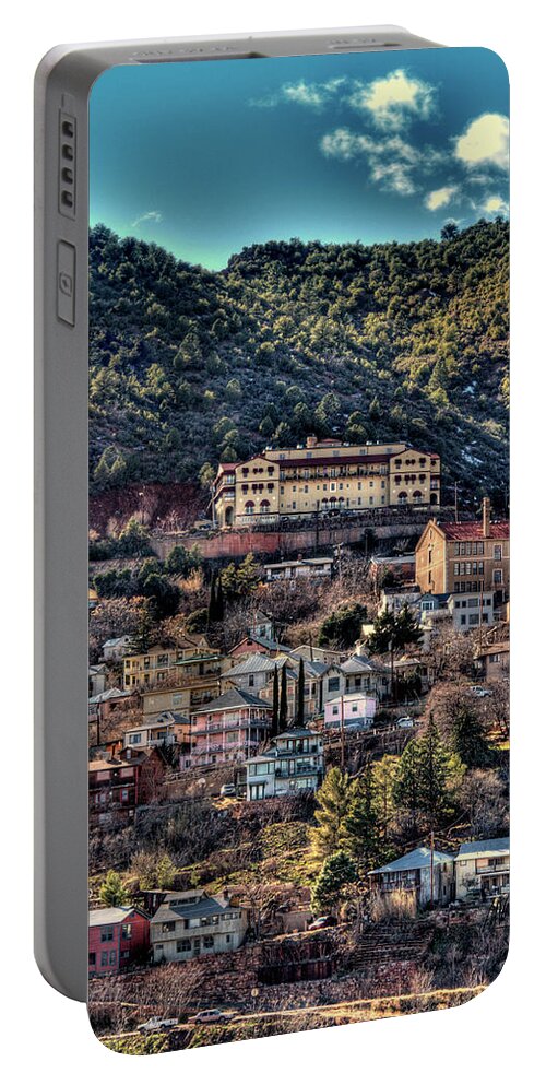 Arizona Portable Battery Charger featuring the photograph Jerome and the Grand Hotel - Greeting Card by Mark Valentine