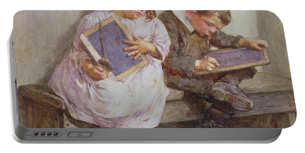 Children; Pupil; Student; Slate; Writing Tablet; Detention; Naughty Portable Battery Charger featuring the painting Kept in by John Henry Henshall