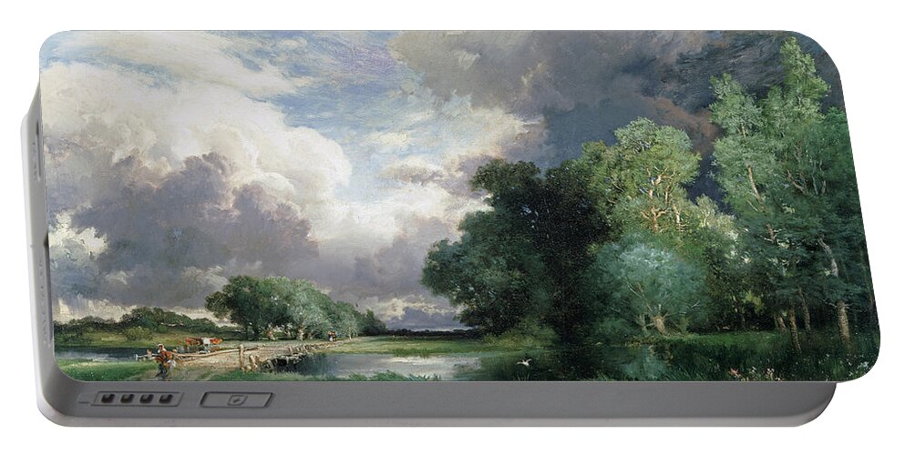Rural; Remote; River; Riverbank; Dusk; Evening; Track; Road; Path; Journey; Traveller; Walking; Cattle; Homeward Bound; Countryside;landscape With A Bridge (oil On Canvas) By Thomas Moran (1837-1926) Wood Portable Battery Charger featuring the painting Landscape with a bridge by Thomas Moran