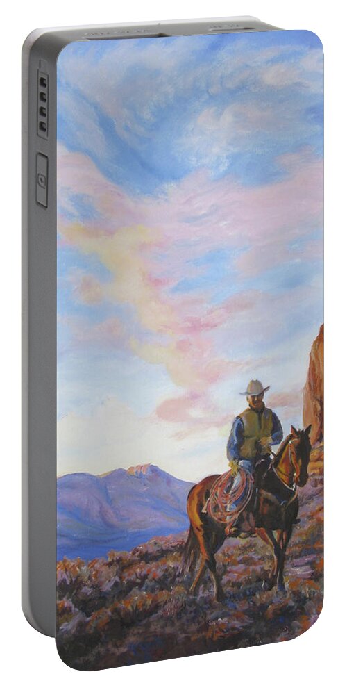 Rider Portable Battery Charger featuring the painting Last Light With a Mile to Go by Page Holland