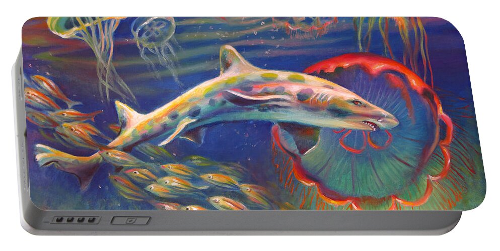 Leopard Shark Portable Battery Charger featuring the painting Leopard Shark and Jellyfish by Nancy Tilles