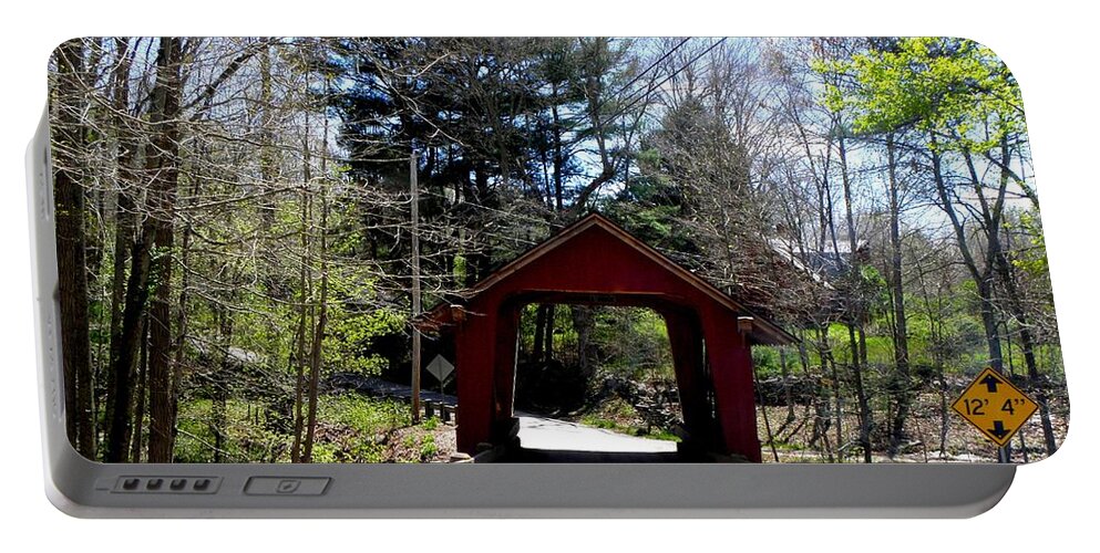 Red Covered Bridge Portable Battery Charger featuring the photograph Levis Mill Blackwell Brook and Bridge by Kim Galluzzo Wozniak