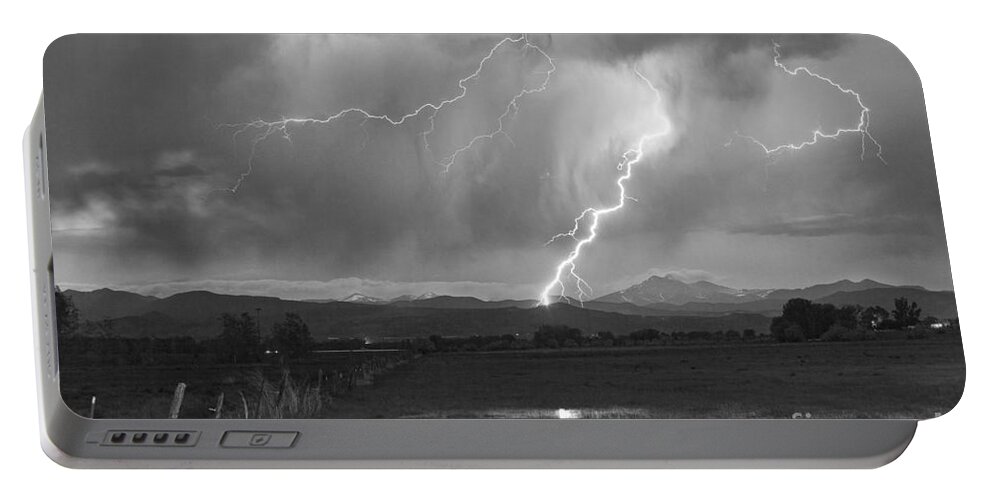 Awesome Portable Battery Charger featuring the photograph Lightning Striking Longs Peak Foothills 2BW by James BO Insogna