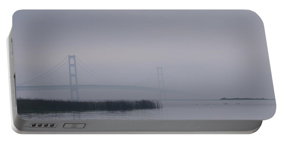 Suspension Bridge Portable Battery Charger featuring the photograph Mackinac Bridge and Swans by Randy Pollard