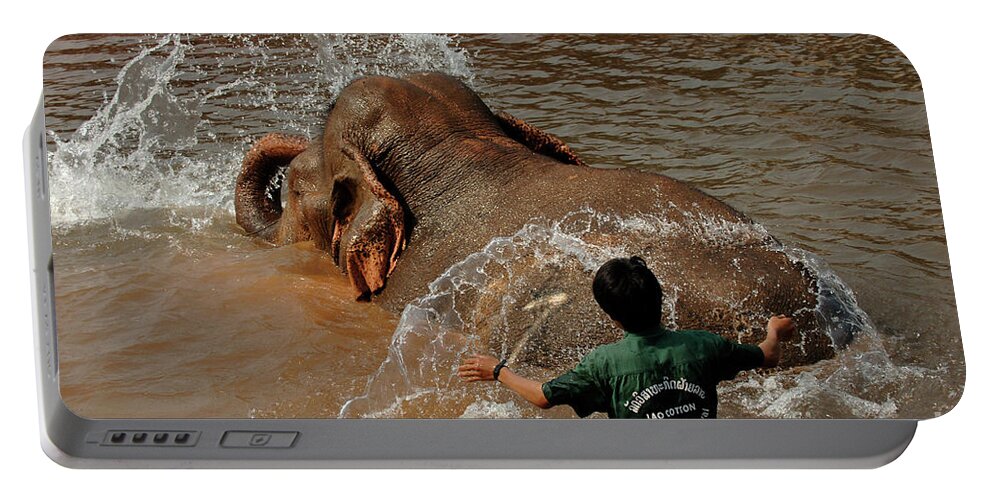 Mahut Portable Battery Charger featuring the photograph Bathing An Elephant Laos by Bob Christopher