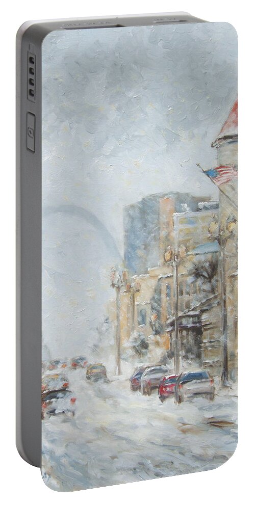 St.louis Portable Battery Charger featuring the painting Market Street in winter in St.Louis by Irek Szelag