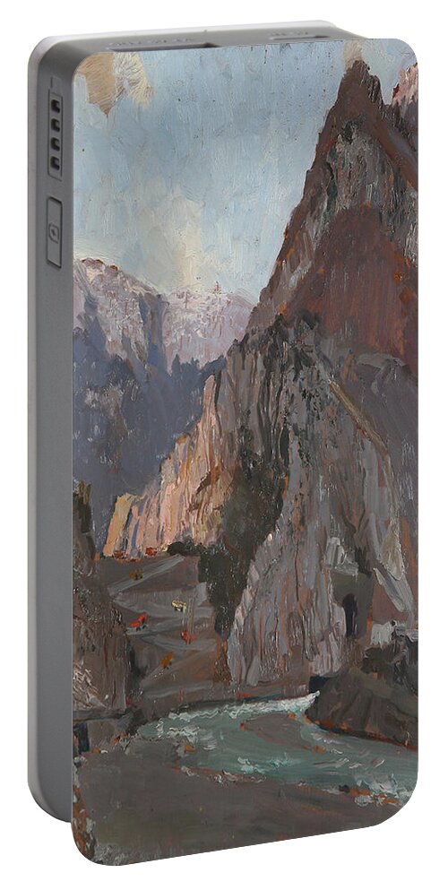 Mountains Portable Battery Charger featuring the painting Mountains in Koman Albania by Ylli Haruni