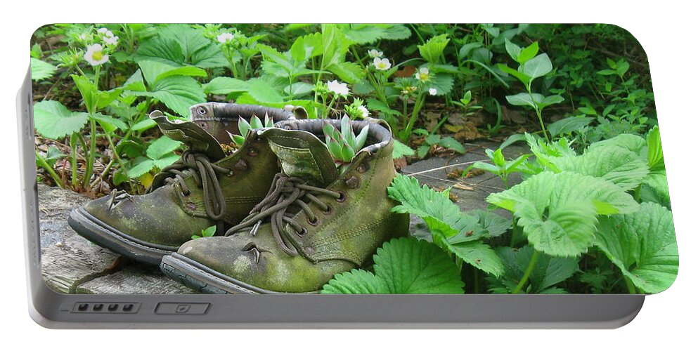 Strawberry Plants Portable Battery Charger featuring the photograph My Favorite Boots by Nancy Patterson