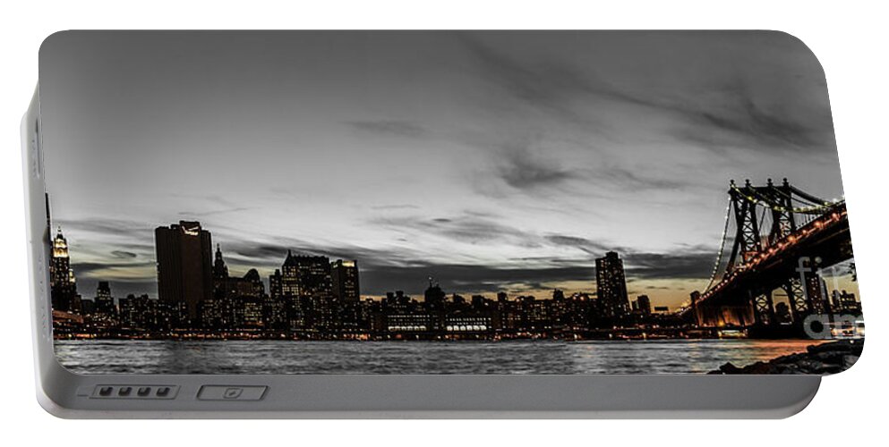 Manhattan Portable Battery Charger featuring the photograph New Yorks skyline at night colorkey by Hannes Cmarits