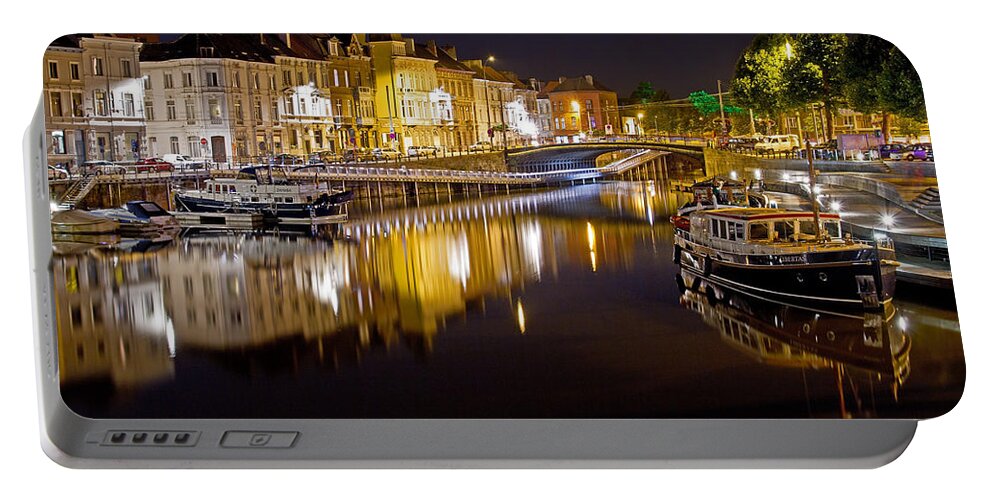 Europe Portable Battery Charger featuring the photograph Nighttime along the river Leie by David Freuthal