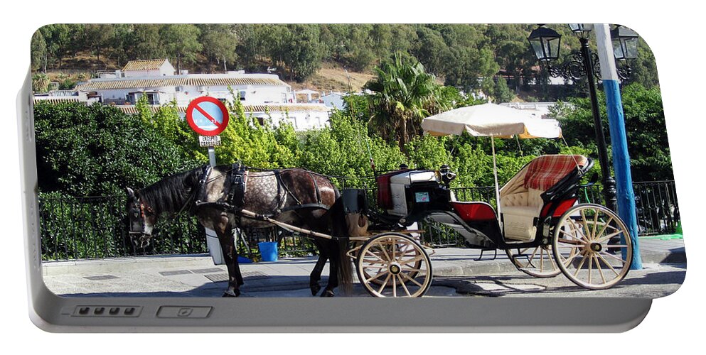 Horse Portable Battery Charger featuring the photograph No Parking Except Horse Carriage Mijas Spain by John Shiron